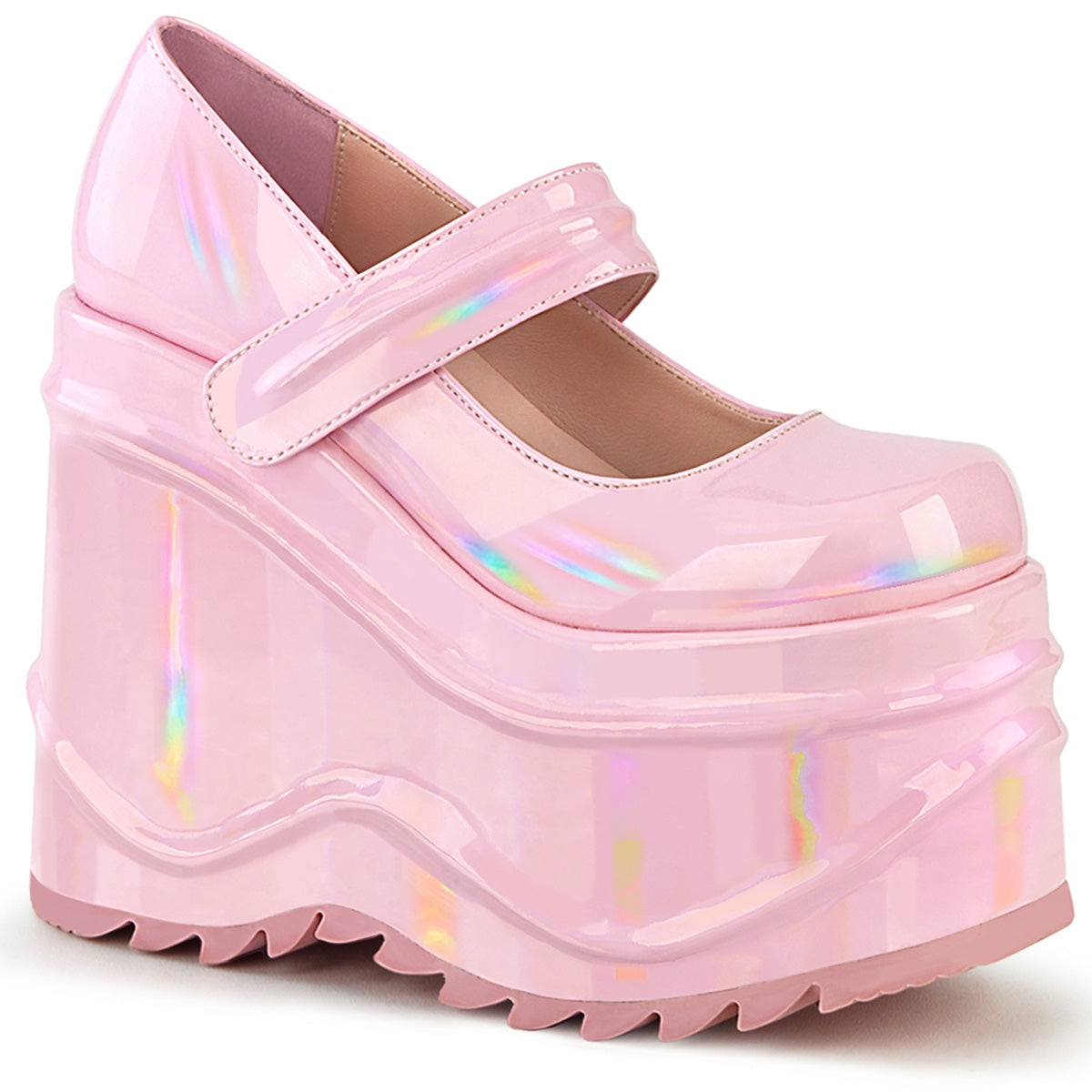 WAVE 32 Pink Hologram Wedge MaryJane Demonia Shoes Gothic