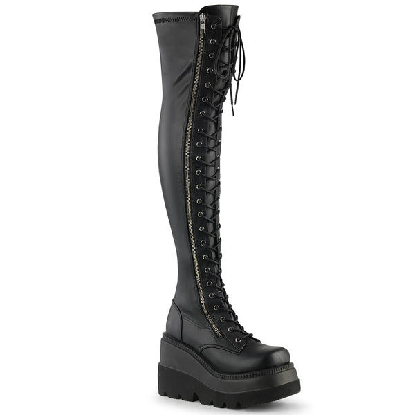 SHAKER-374 Demonia Shoe Black PU Platform Thigh High Boot