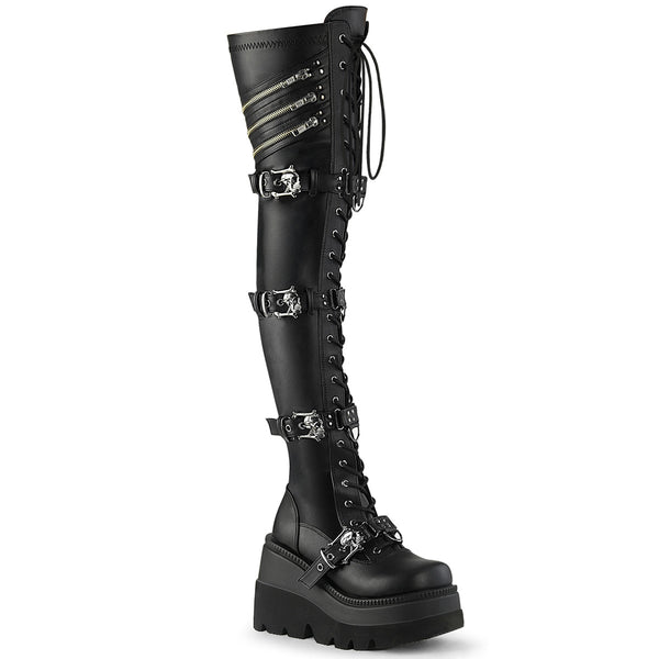 4 1/2 Inch Wedge Platform Lace-Up Stretch Thigh High Boot, Side Zip - SHAKER-420